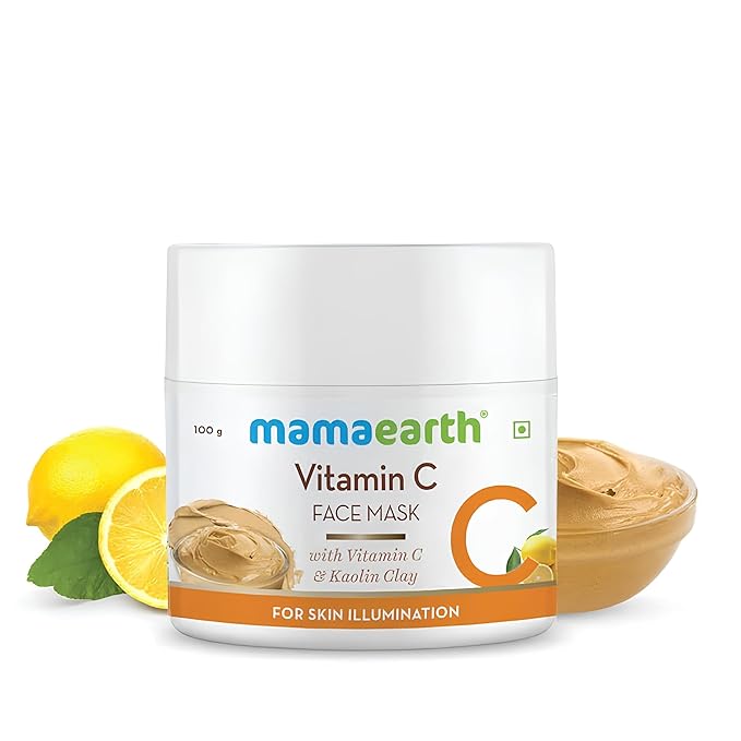Mamaearth Vitamin C face mask jar with lemons and clay, perfect for a glowing skincare routine