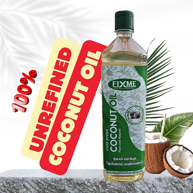 Fixme Coconut Oil bottle with 100% unrefined cold-pressed label, surrounded by coconuts and palm leaves.