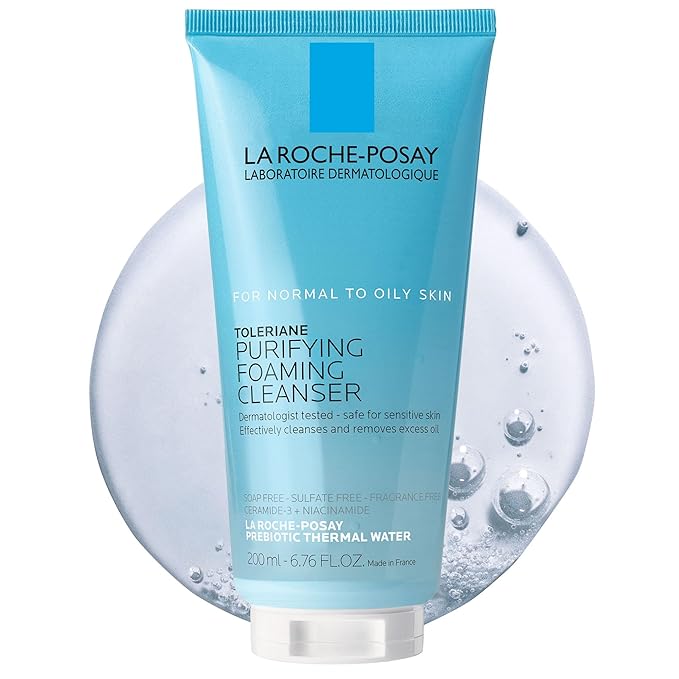 La Roche-Posay Toleriane Purifying Foaming Cleanser for normal to oily skin, blue tube with foam background