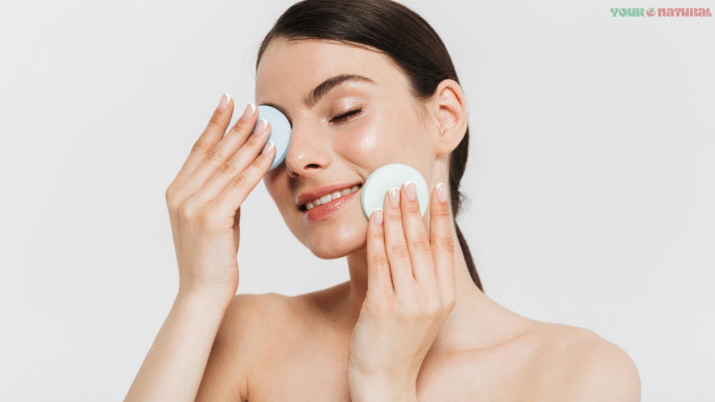 Woman following a skin care routine using cleansing pads