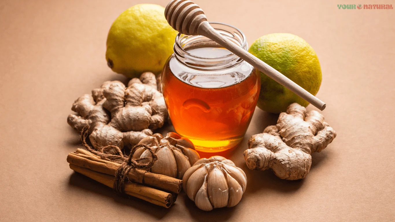Natural ingredients like honey, ginger, lemon, garlic, and cinnamon used in effective home remedies for glowing skin – yournatural.in